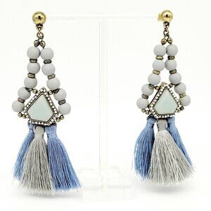 Long Boho Beaded Tassel Earrings Blue Gray Dangles Antiqued Gold Tone Pierced